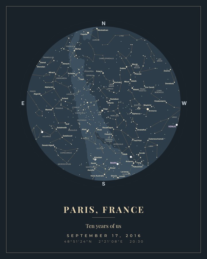 Anniversary star map of the night sky over Paris on 17 September 2016, in gold