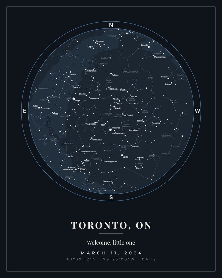 Birth star map of the sky over Toronto at 4:12am on a baby's birth date