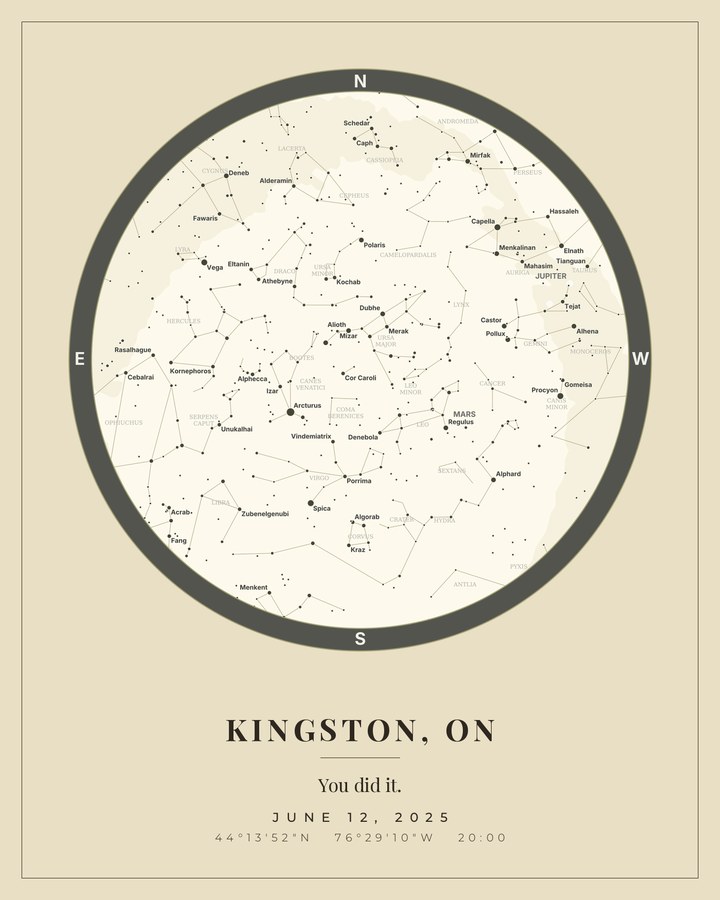 Graduation star map of the sky over Kingston on graduation night