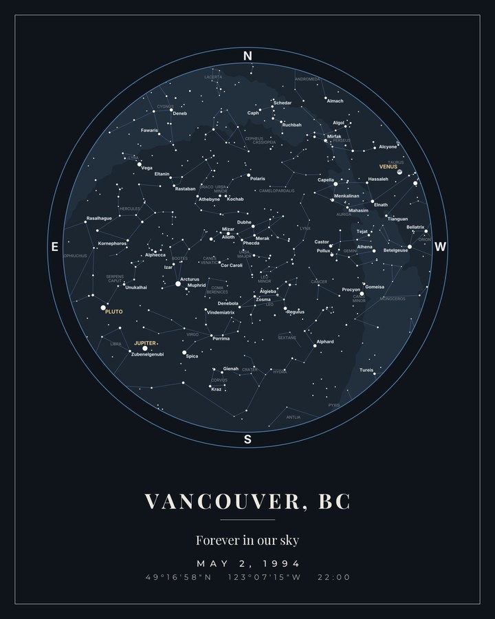 Memorial star map of the night sky over Vancouver on a date that mattered