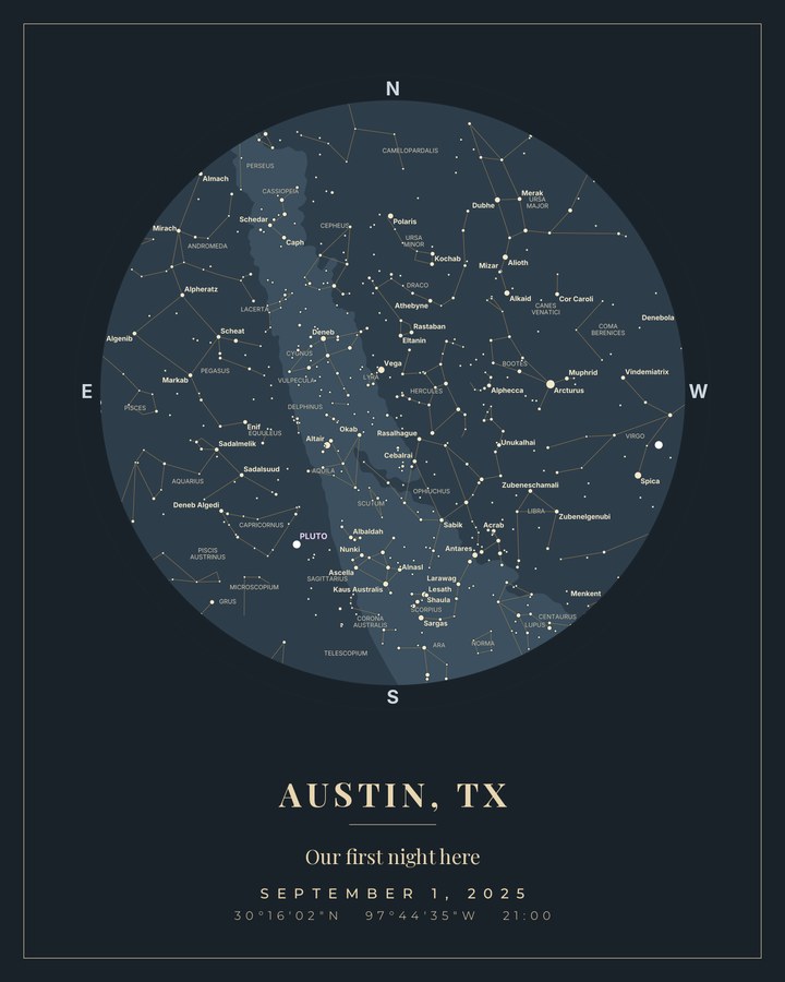 Star map of the sky over Austin, Texas on a first night in a new home