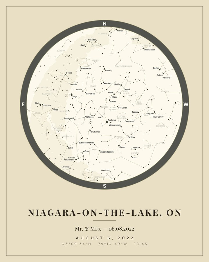 Wedding star map of the sky over Niagara-on-the-Lake on the wedding date, in vellum