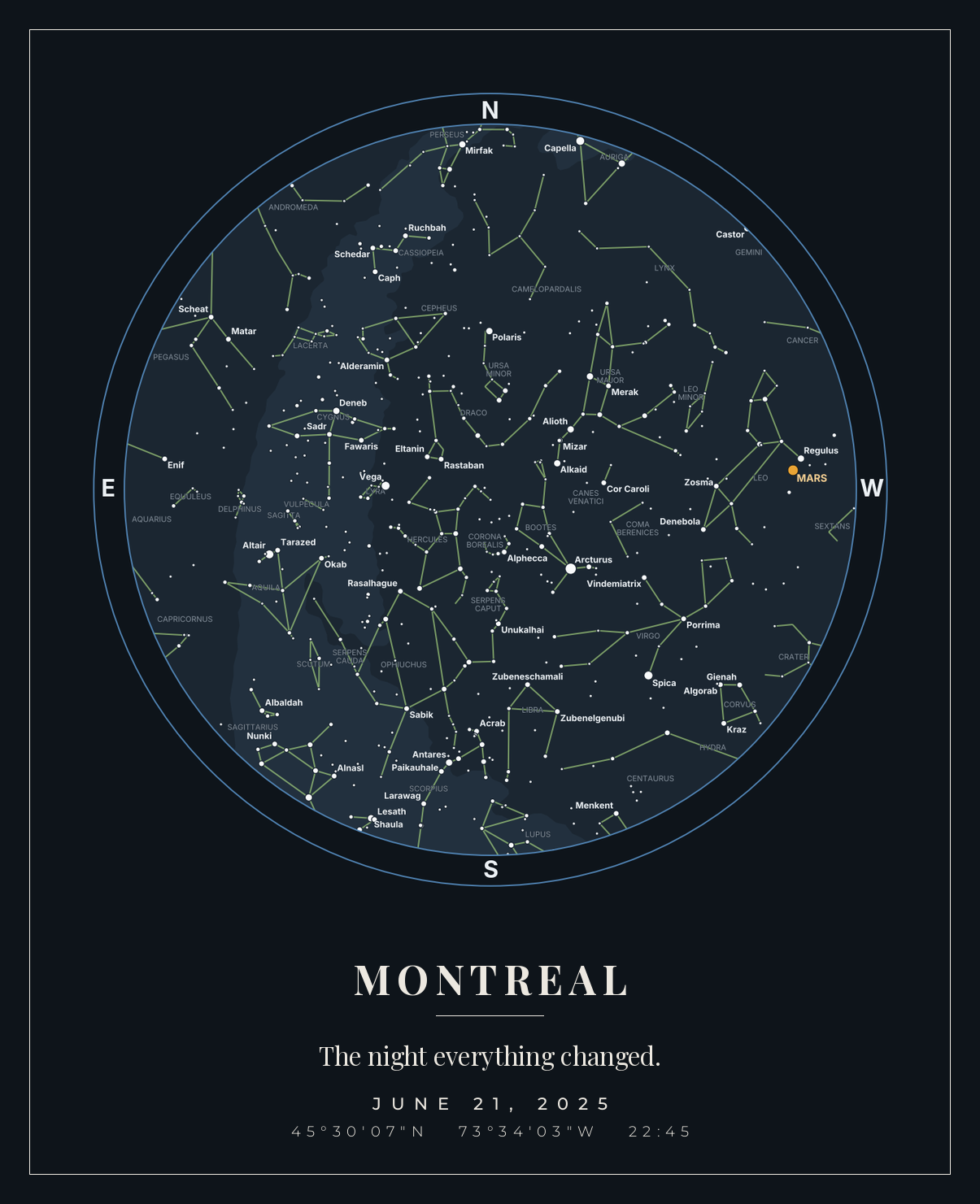 Custom star map poster of the night sky over Montreal on 21 June 2025, captioned 'The night everything changed.'